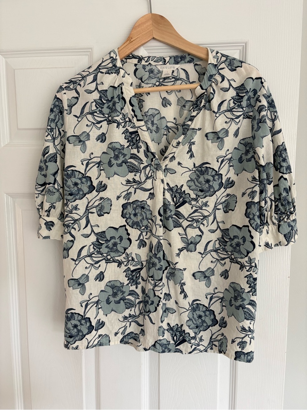 Nordstrom Caslon Floral Elbow Sleeve Linen Blend Popover Top M